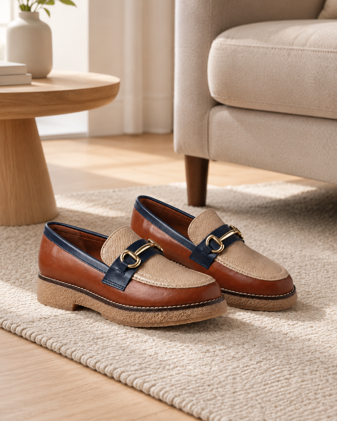 Mocassini donna marrone e beige con morsetto dorato - Sweet Shoes