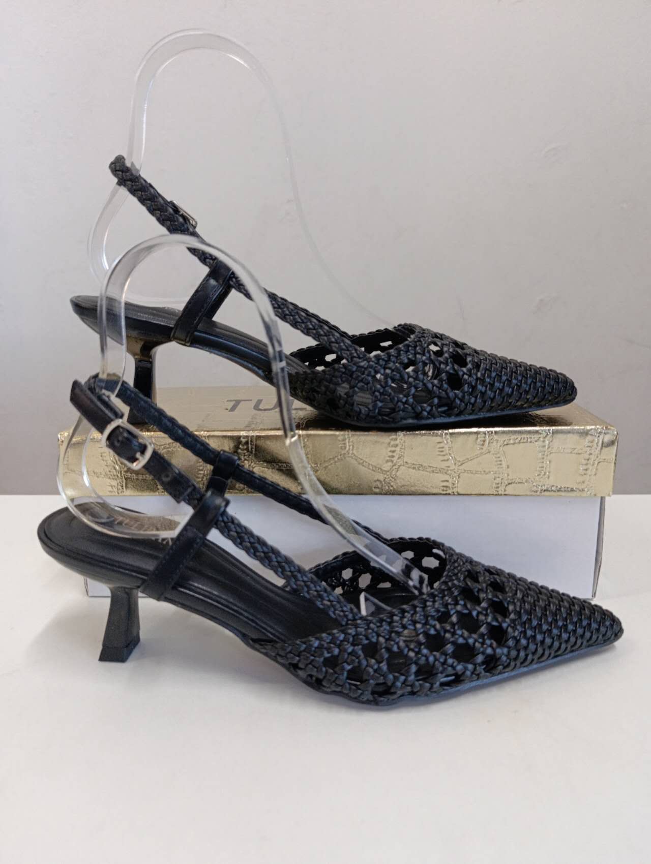 Slingback Donna Nere Intrecciate con Tacco Basso – Scarpe Eleganti Estive a Punta