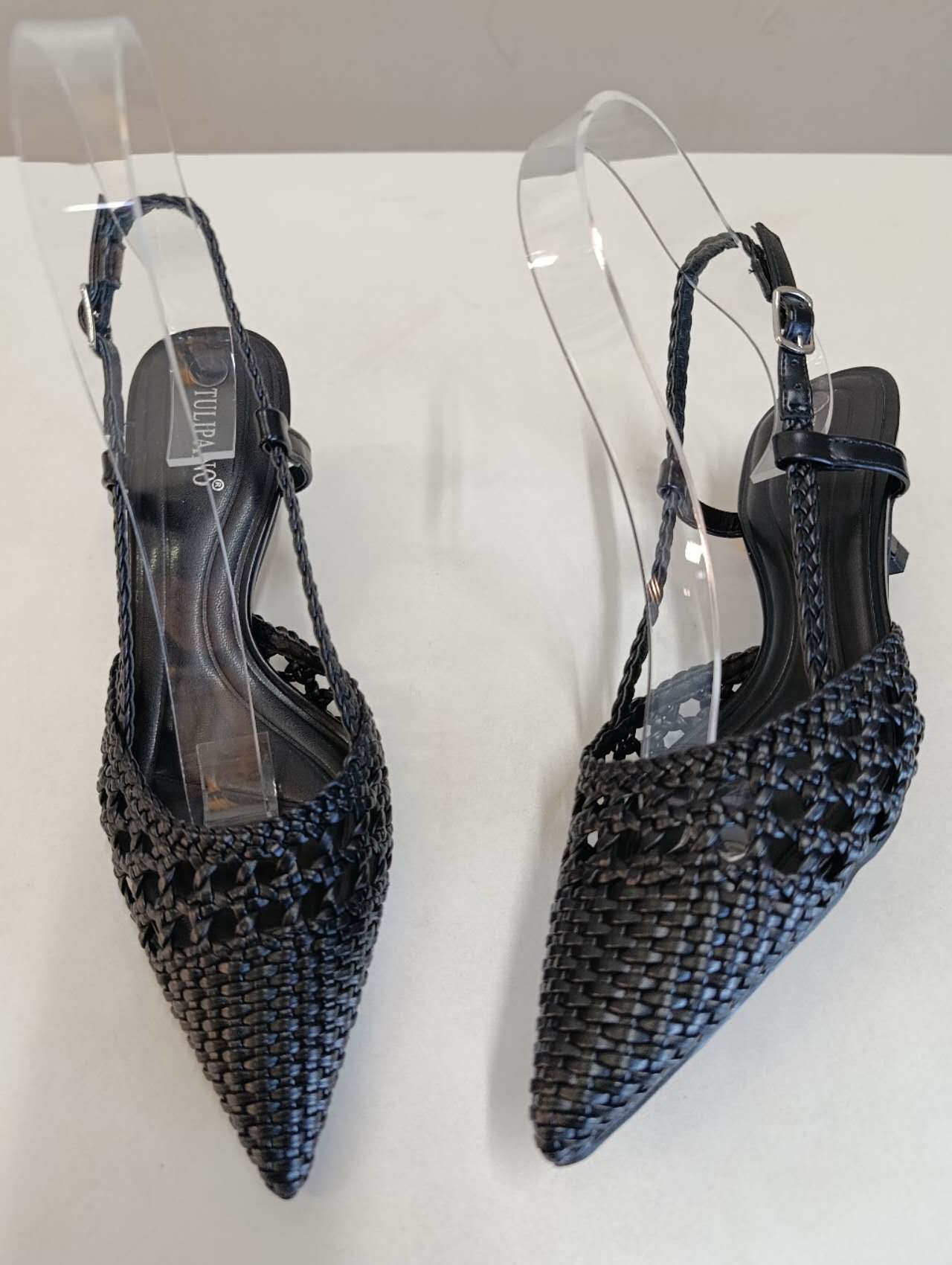 Slingback Donna Nere Intrecciate con Tacco Basso – Scarpe Eleganti Estive a Punta