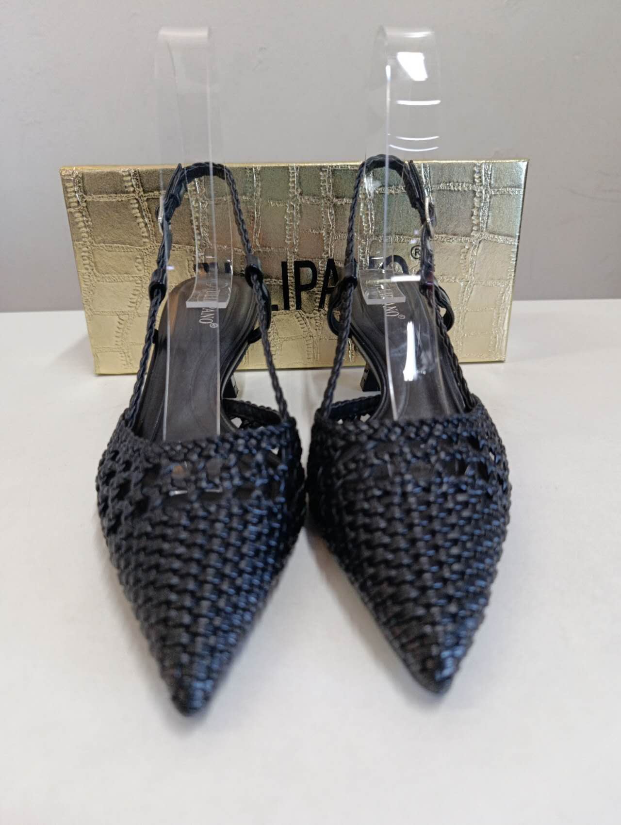 Slingback Donna Nere Intrecciate con Tacco Basso – Scarpe Eleganti Estive a Punta