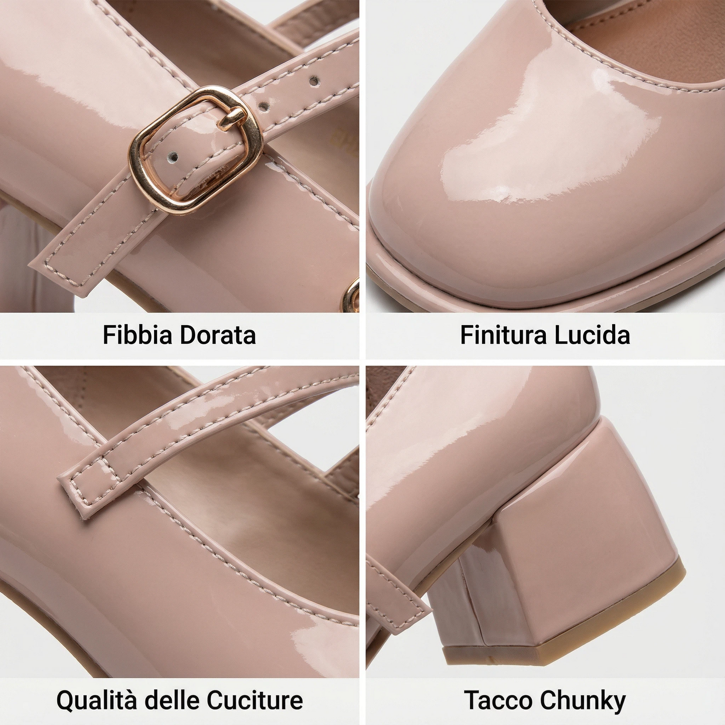 Décolleté Mary Jane da donna in vernice nude con tacco medio comodo