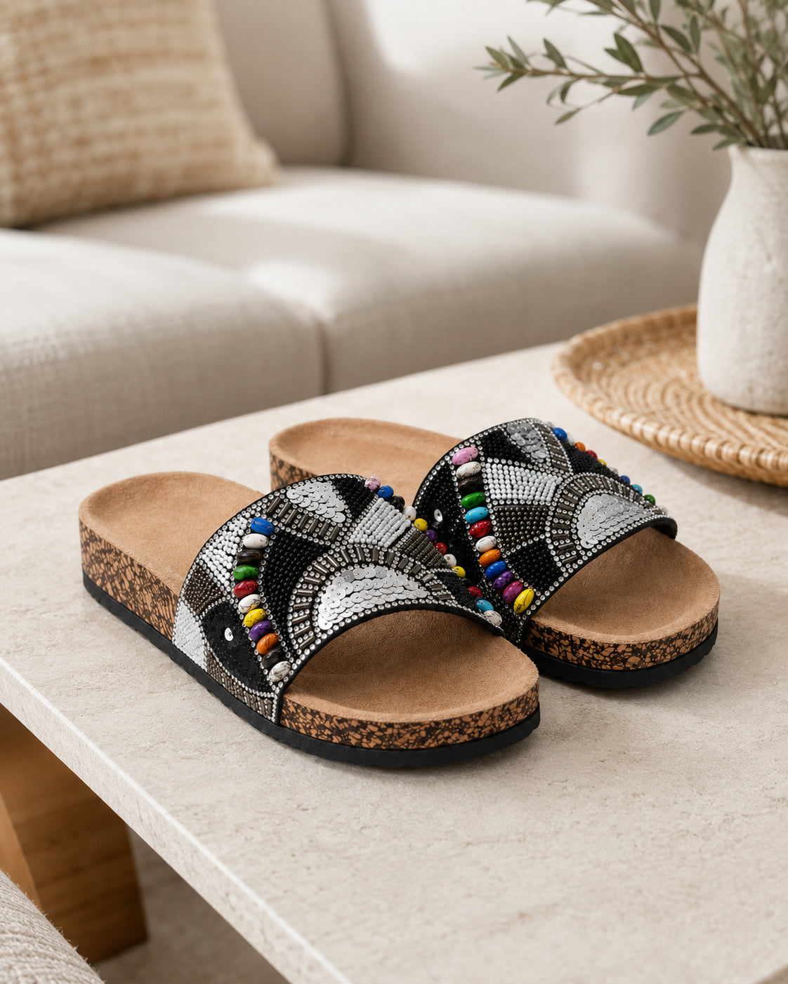 Ciabatte Slide Donna con Perline e Paillettes — Stile Bohémien