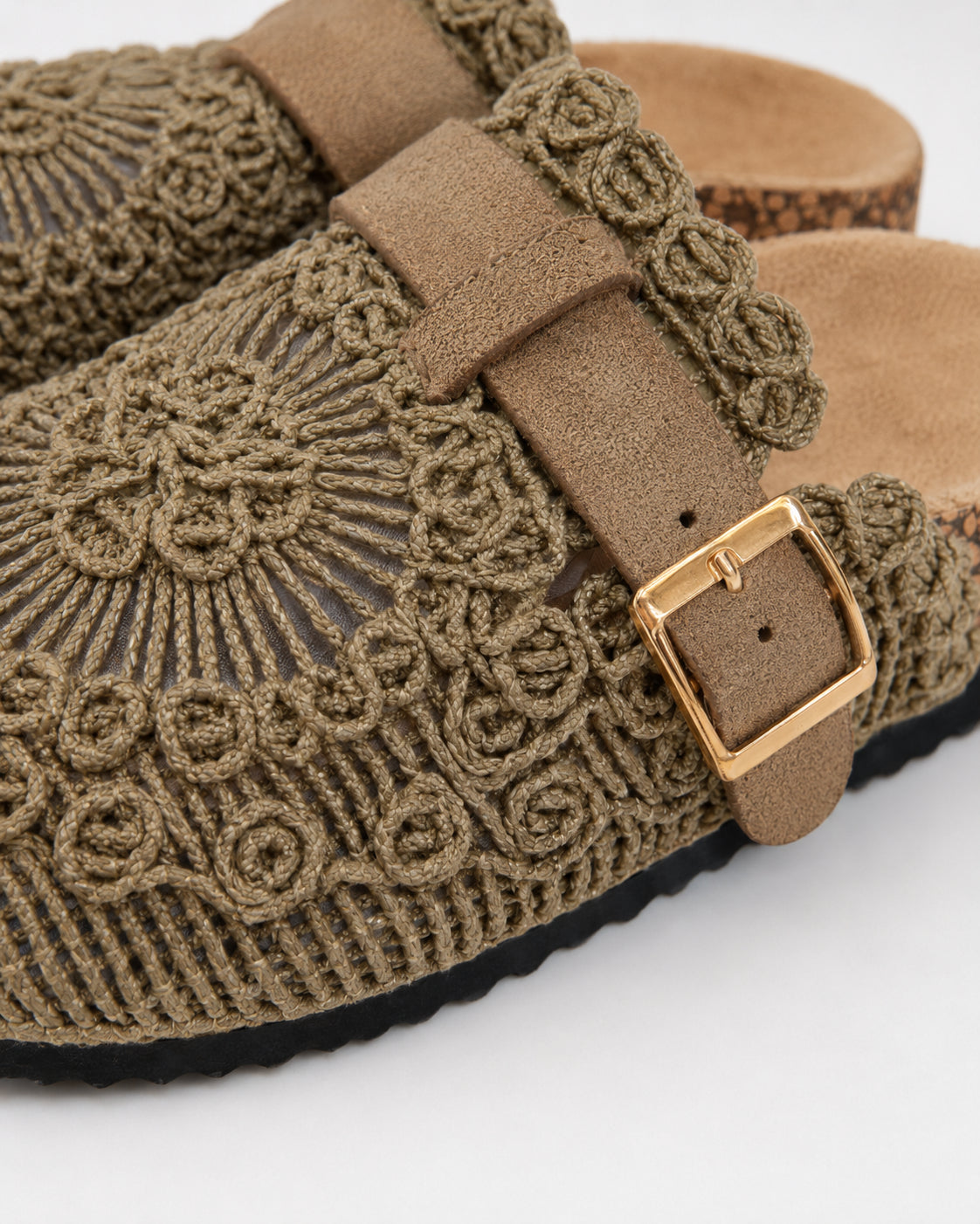 Mule Donna KHAKI in Tessuto Intrecciato con Fibbia Dorata — Plantare in Sughero, Stile Boho