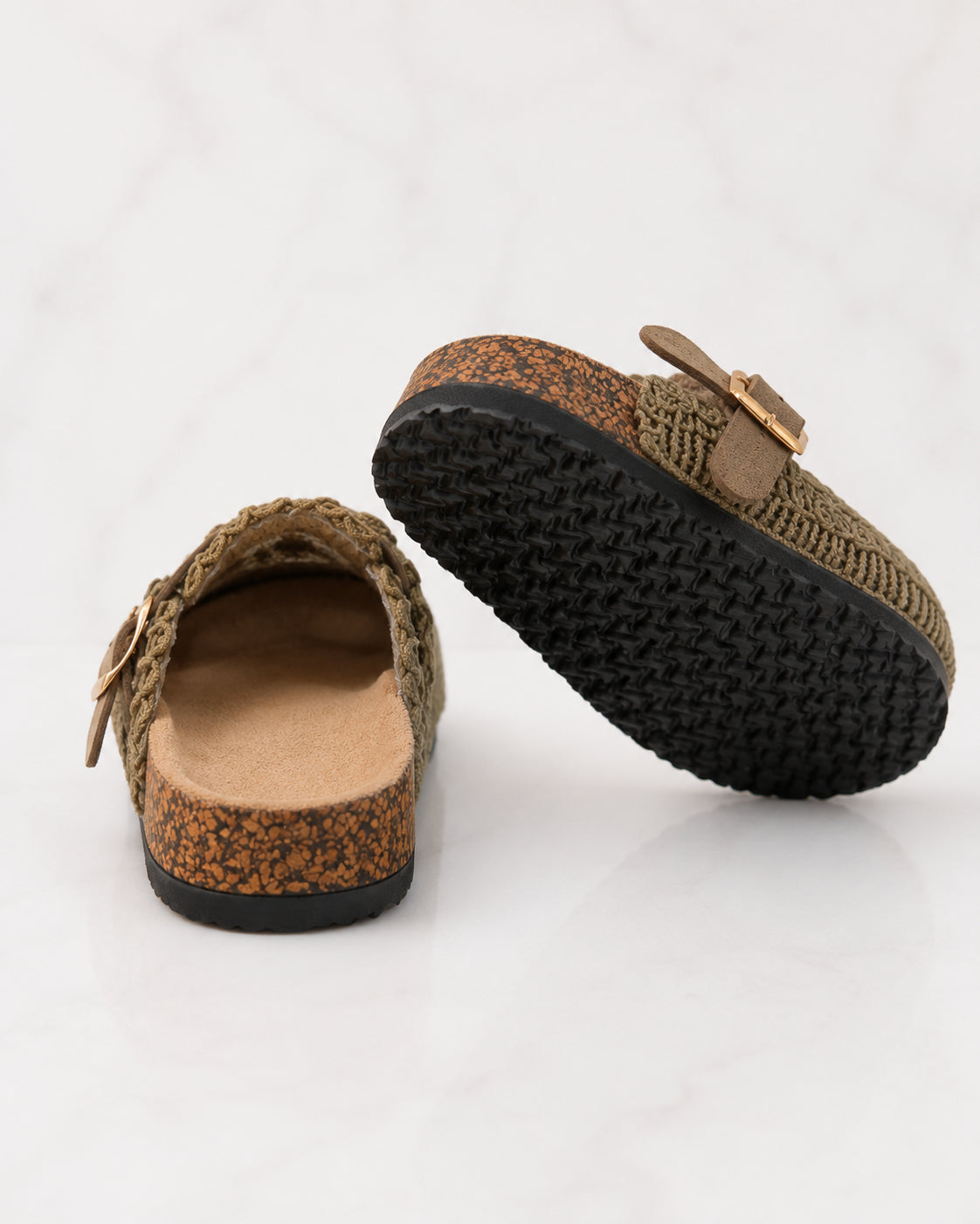Mule Donna KHAKI in Tessuto Intrecciato con Fibbia Dorata — Plantare in Sughero, Stile Boho