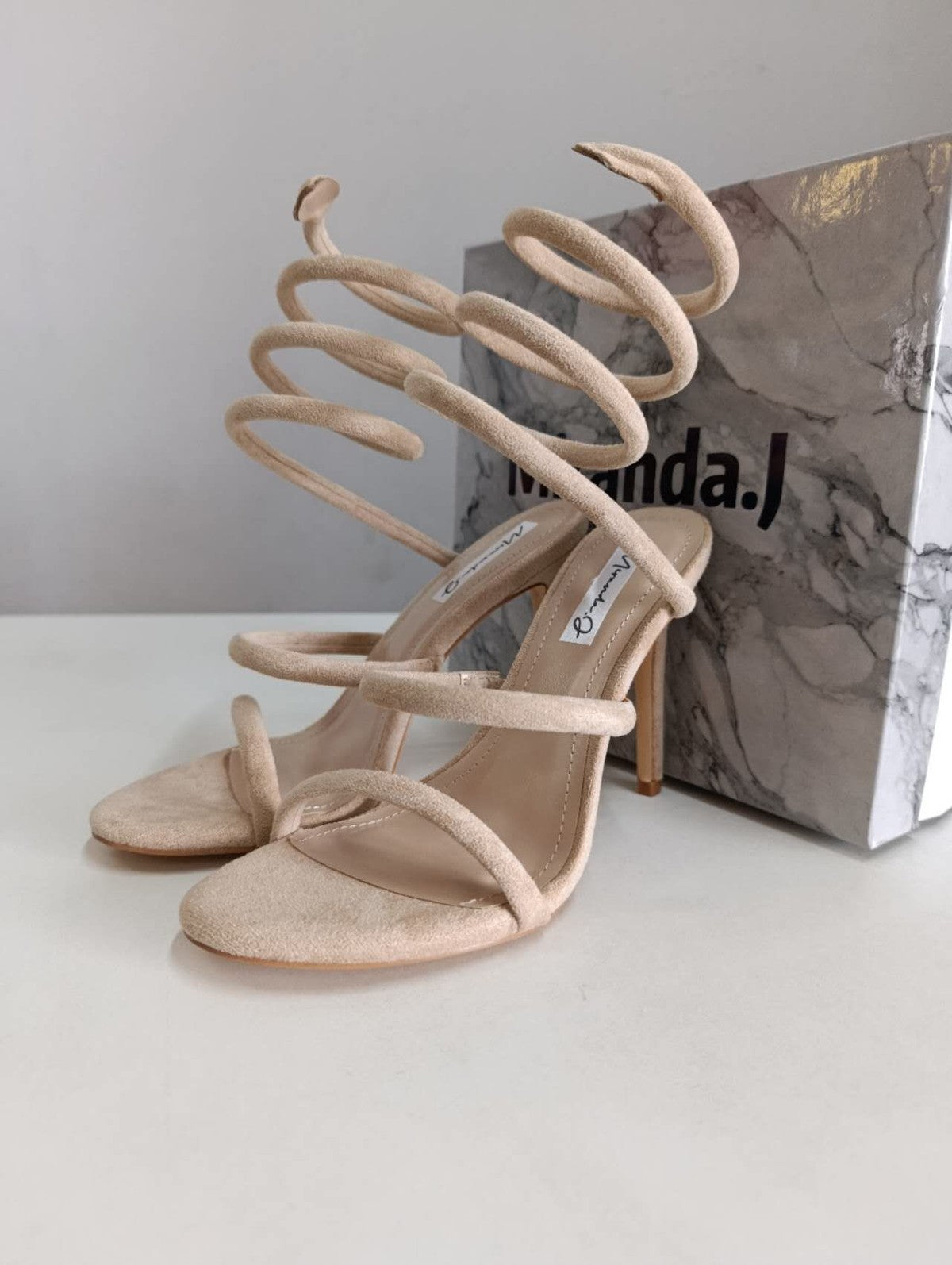 Sandali Tacco Alto Donna Beige — Stiletto a Spiral Wrap, Scarpe Eleganti con Cinturini