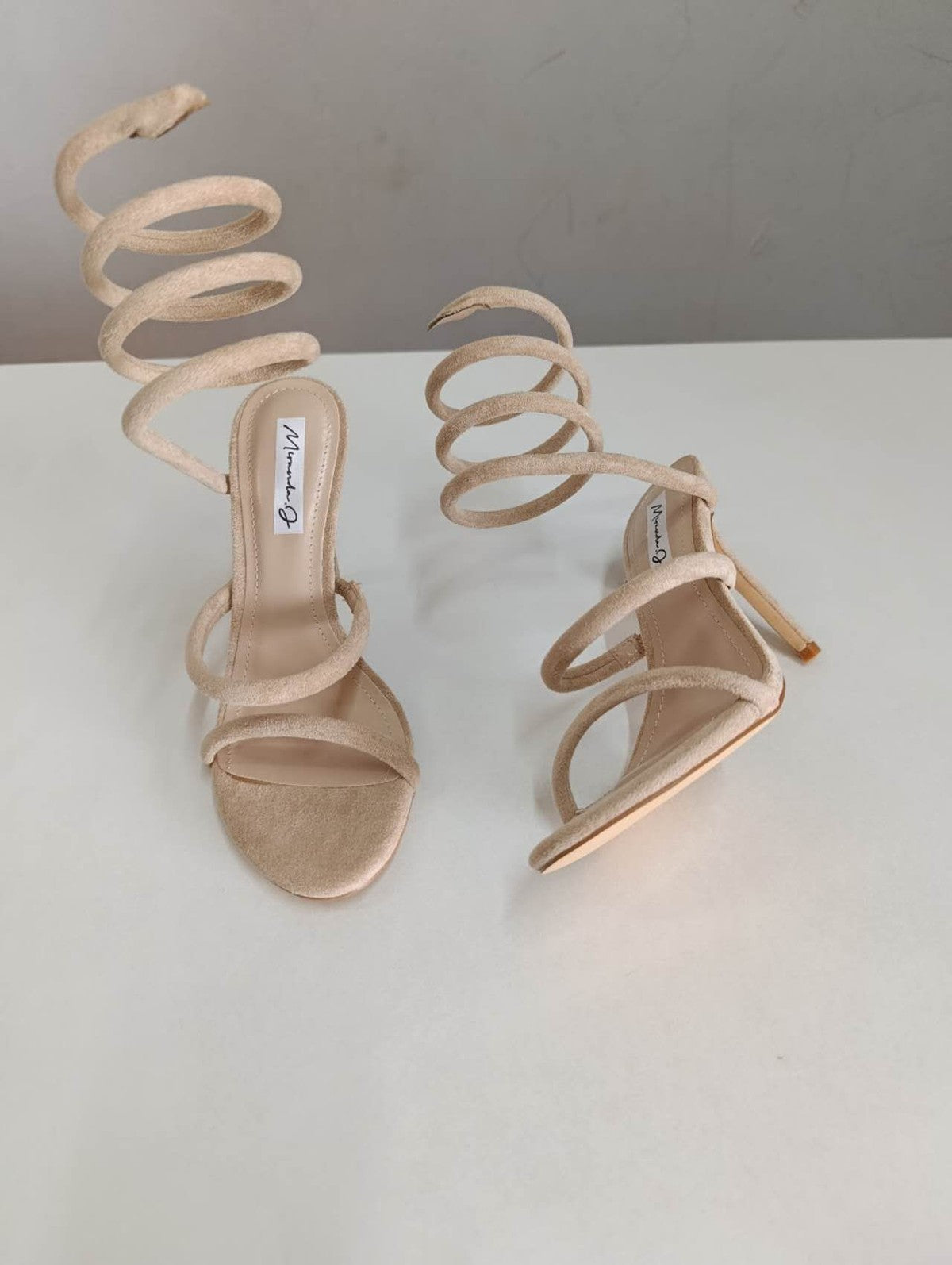 Sandali Tacco Alto Donna Beige — Stiletto a Spiral Wrap, Scarpe Eleganti con Cinturini