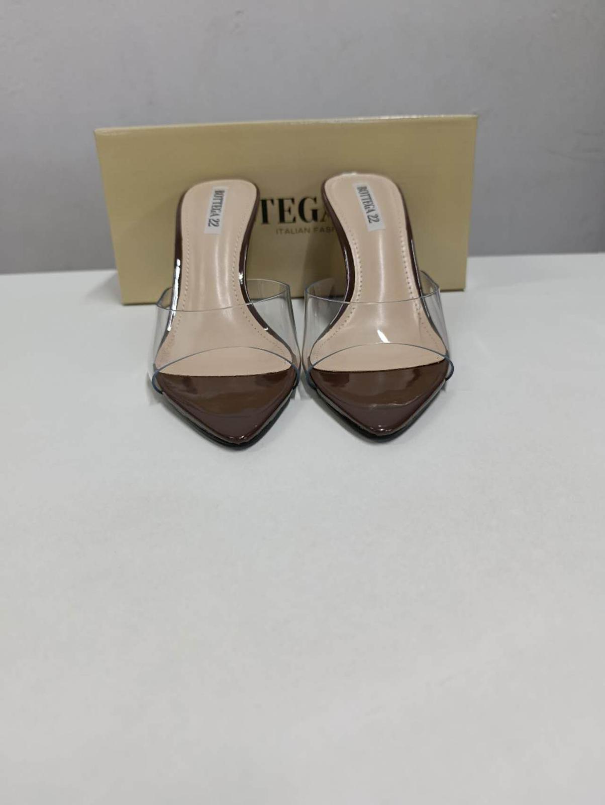 Mules Donna Punta Affilata Marrone Lucido con Inserti Trasparenti - Tacco Alto