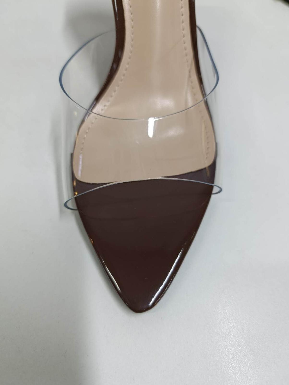 Mules Donna Punta Affilata Marrone Lucido con Inserti Trasparenti - Tacco Alto