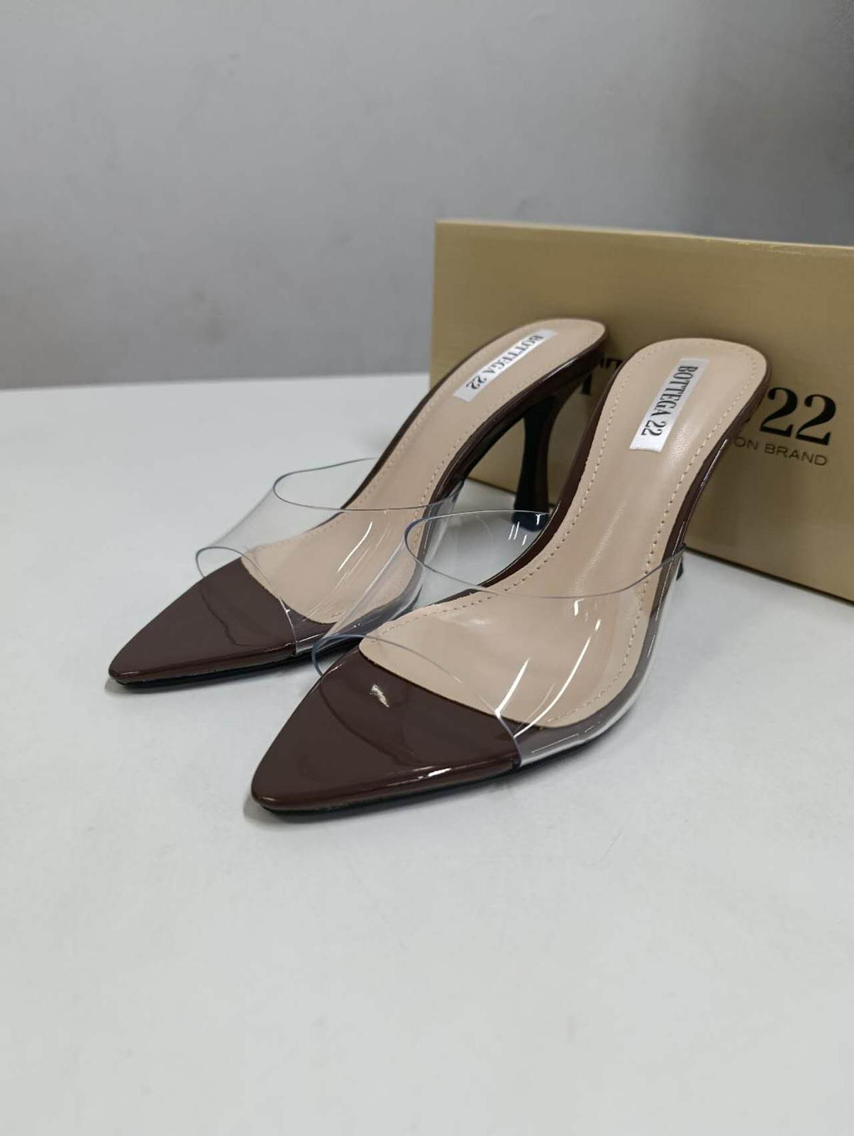 Mules Donna Punta Affilata Marrone Lucido con Inserti Trasparenti - Tacco Alto