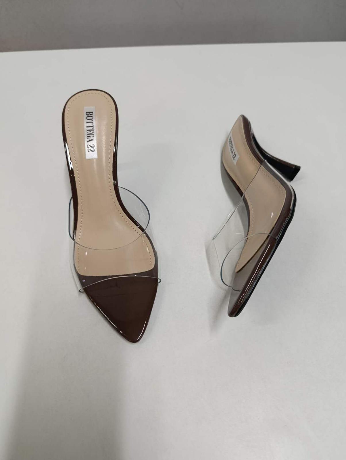 Mules Donna Punta Affilata Marrone Lucido con Inserti Trasparenti - Tacco Alto
