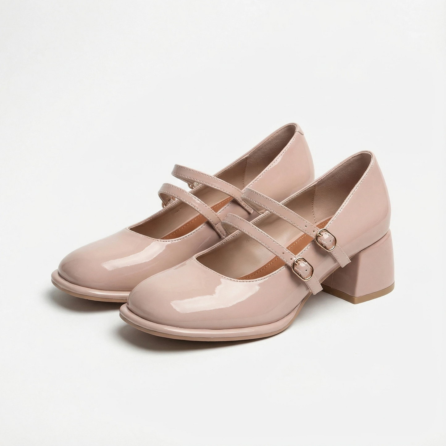 Décolleté Mary Jane da donna in vernice nude con tacco medio comodo