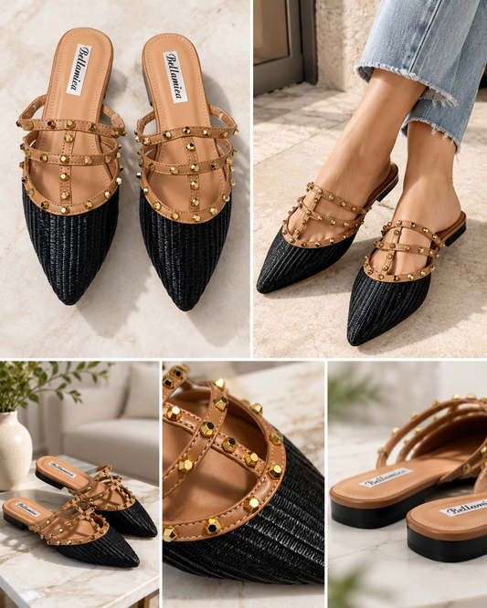 Mules Donna Bellamiea Punta Affusolata — Cinghie Intrecciate con Borchie Oro